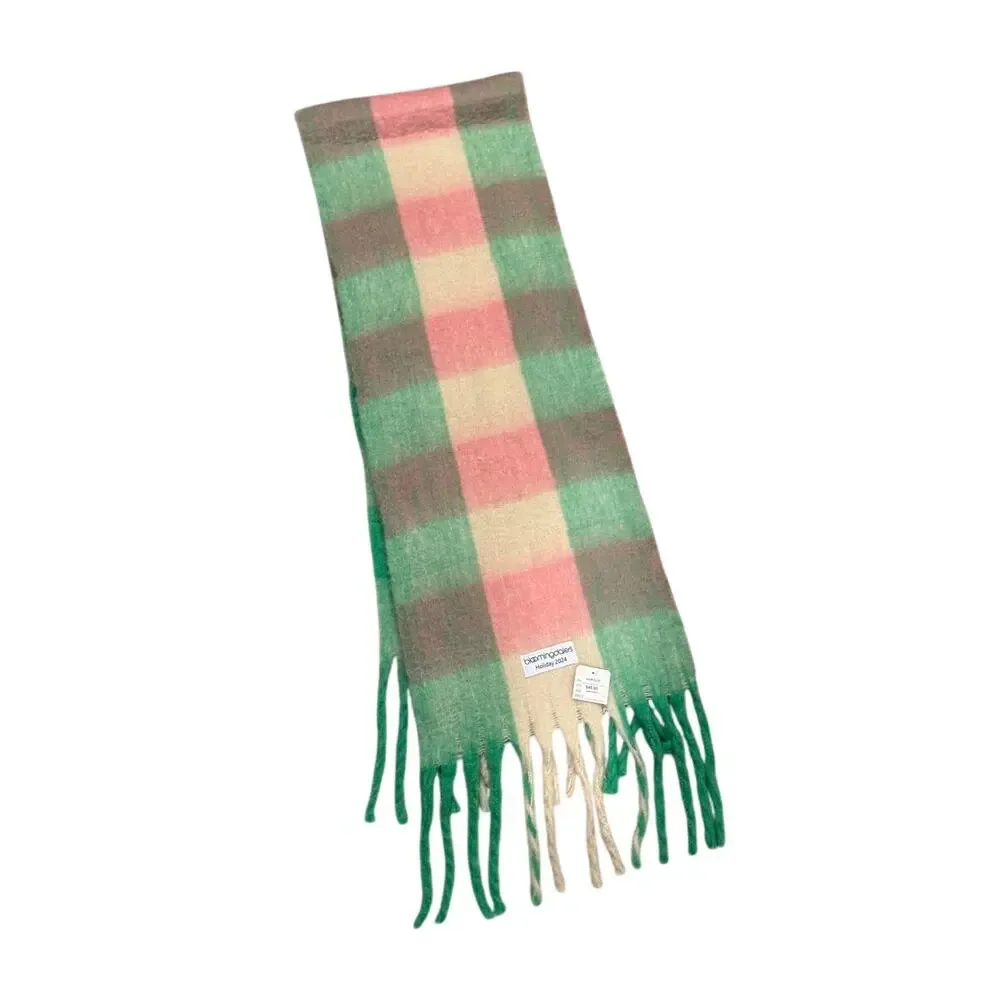 Bloomingdale’s Holiday Plaid Scarf Pastel Pink Green Check Fringe NWT